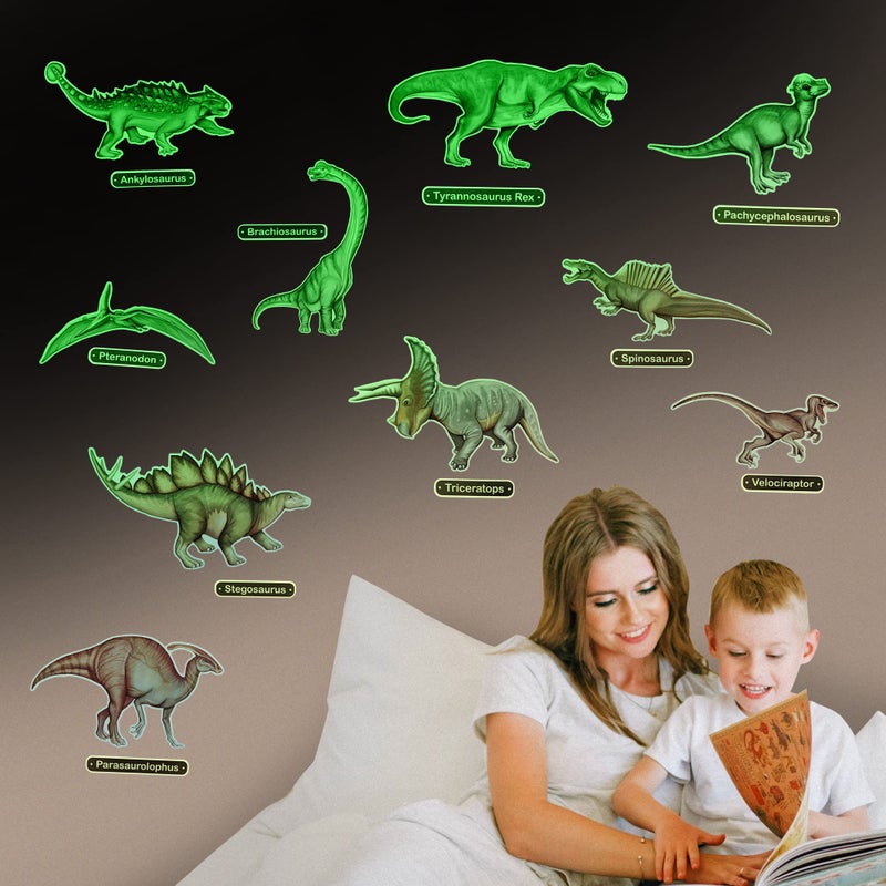 Rayliad Glow in The Dark Dinosaur Wall Stickers - 10 Large Bright Wall Decals for Bedroom Walls and Ceilings - for Boys Room and Girls Room - Set 1 - Image 1